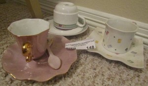 lot 148 image: Bainbridge bears collection tea cup with plate and spoon, royal Rideau tea cup and plate, cerart tea cup and plate