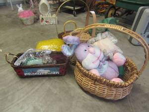 lot 396 image: wicker baskets with Easter grass and plush Easter bunny