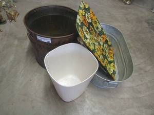 lot 397 image: metal bucket, flower food tray, small waste basket, aluminum bronze trash can
