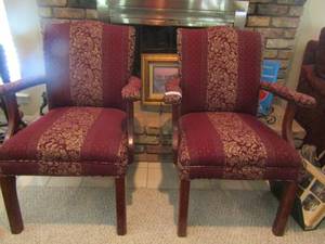 lot 17 image: Burgundy with floral design armed chairs in good condition x 2