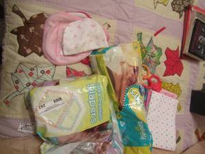 lot 242 image: baby girl lot bibs diapers size 2, receiving blankets