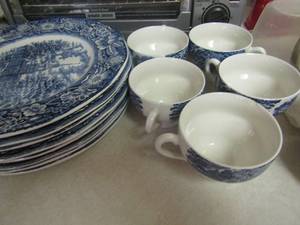 lot 155 image: Staffordshire Ironstone dish set includes, 8 dinner plates-- 5 tea cups-- 8 berry bowls, Liberty blue design