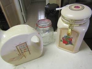 lot 164 image: vintage water jug, flour canister, covered dish