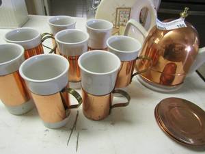 lot 165 image: copper tea set with tea pot and 8 handled cups