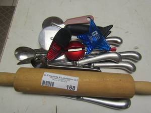lot 168 image: utensils lot includes rolling pins, pizza cutters, knives, and more