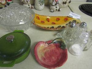 lot 176 image: salt and pepper shakers, covered candy dish, utensils rest, metal mini pot and more