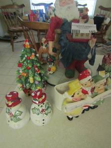 lot 185 image: Christmas dcor lot includes 11 in sleeping Santa in the work shop porcelain glass Christmas tree salt and pepper shakers and more