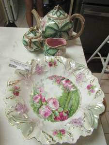 lot 199 image: decorative red rose bowl, tea pot set with tea pot creamer and sugar dish
