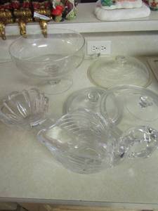 lot 204 image: clear glass goose bowl, various glass lids qty 3, oval fruit bowl on stand, crystal bowl