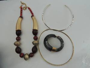 lot 550 image: silver choker, African inspired necklace, and magnetic bracelet and silver liquid chain safety latch