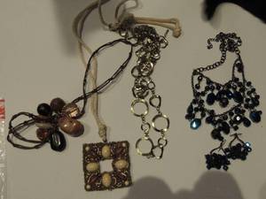 lot 593 image: shell necklace on cord, cold necklace handmade stone, and leather necklace, blue vintage necklace with matching earrings
