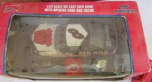 lot 47 image: 1993 Nascar edition cast cab transporter NIB, 1995 red dog racing car bank NIB qty 2