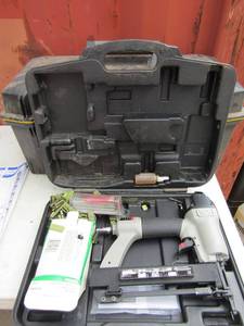 lot 73 image: Stanley tool box empty, Porter cable air staple gun with staples in case like new