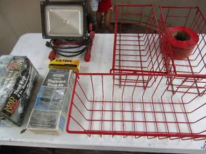 lot 96 image: work light on stand, Wilson ultra 500 golf balls, husky spot light, peg board kit, 3 way 2 hitch