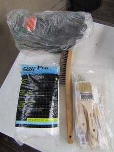 lot 108 image: Drop cloth new, various new pair of works gloves, wire brush, small hand paint brushes new