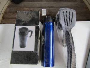 lot 109 image: 2 thermos 16oz, both new 1 black and 1 is blue, also comes with new cooking utensils