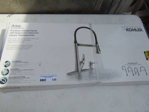 lot 135 image: Kohler Pull down kitchen faucet NIB, has adjustable arm, stainless finish
