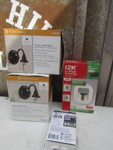 lot 136 image: Vanity light fitter qty 2 NIB, 12K ice maker outlet box new, Non metallic white expandable in use cover qty 1