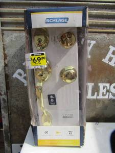 lot 139 image: Schlage NIB Home door lock kit with outside handle, gold in color