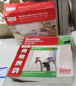 lot 140 image: Quadtro washing machine outlet box NIB, Used delta faucet, Oatey washing machine outlet box NIB