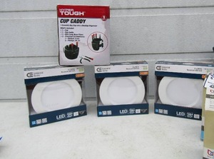 lot 167 image: 3 commercial electric LED trim, Moen rob hook qty 2, hyper tough cup caddy