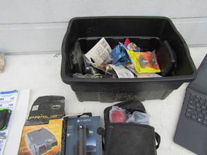 lot 181 image: Misc. box of connectors and such, new mophie phone case, prmus Braking system NIB