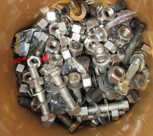 lot 190 image: grey metal bucket of large bolts and nuts various sizes all large 1 or more