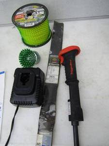 lot 196 image: 46 lawn mower blade new, trigger shooter, new roll of .95 weed eater string, and a DeWalt battery charger , charger only