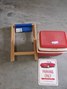 lot 249 image: small cooler, parking sign, trade indicators folding chair