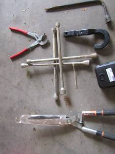 lot 251 image: 2 lugnut wrenches hook, small air compressor, tree trimmers