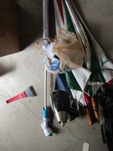 lot 252 image: lasko fan, 2 umbrellas, 1 cane, spin brush mop