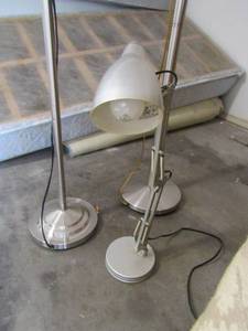lot 258 image: 2 silver floor lamps , 1 small desk top lamp