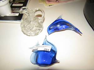 lot 264 image: blue glass fish, blue glass dolphin, and a crystal glass pitcher