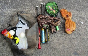lot 340 image: Baseball and tennis lot with softball gloves and balls and tennis balls
