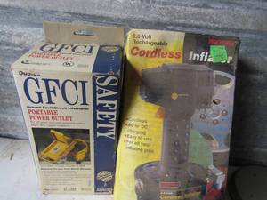 lot 384 image: Gfci portable power outlet NIB, 9.6 volt cordless inflator NIB