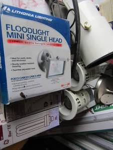 lot 385 image: GE brand light bulbs 26 watt qty 4, flood light mini single head 150 watt NIB, Outdoor lights, garden hose holder