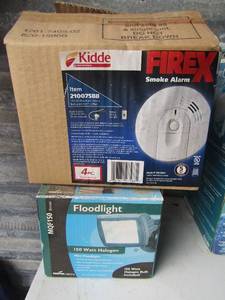 lot 388 image: fire X smoke alarm NIB, 150 watt flood light