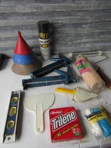 lot 26 image: Painter lot includes, rollers, woven fabric, cocking guns, small level, funnels and more