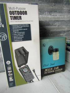 lot 396 image: Multi purpose outdoor timer NIB, 6 plug and ground stake, NIB black finish jelly jar indoor outdoor light