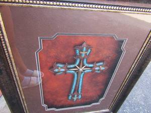lot 4 image: Framed Turqouse Cross, very beautiful home wall art 38 X 31