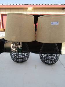 lot 8 image: Metal design black side table lamps with shades qty 2, like new condition