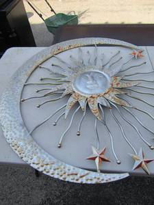 lot 10 image: 35 diameter moon metal wall art, silver in color beautiful piece