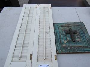 lot 13 image: 317 shutter wall dcor-- Wood framed metal cross wall art 1212