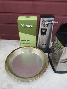 lot 75 image: Alfred French Press NIB, Hand cheese shredder, 2 cake pans, Oster can opener