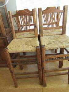 lot 92 image: BAR STOOLS  - Set of wood wicker seat high back bar stools qty 4- size 4719 used but in great condition