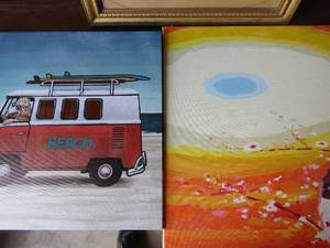 lot 115 image: Canvas art, 1 is  beach van with dog driving 1616-- 2nd is Paint by number canvas-- 2016
