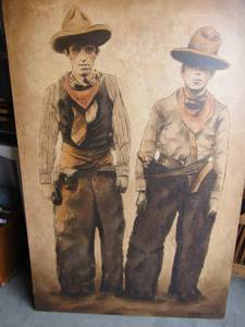 lot 116 image: Large wall Canvas By Bustamante  2 western dressed men cowboys  very cool painting-- 6040