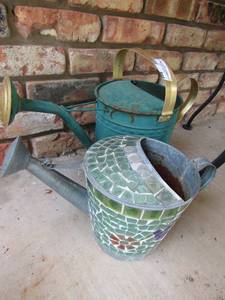 lot 888 image: stain glass metal watering can, green and gold watering can