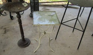 lot 881 image: black metal outdoor plant stand 24 in tall,19in glass top outdoor table,22in tall metal bird bath