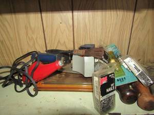 lot 1003 image: engraver, tape dispenser, small nails, spark plugs and more